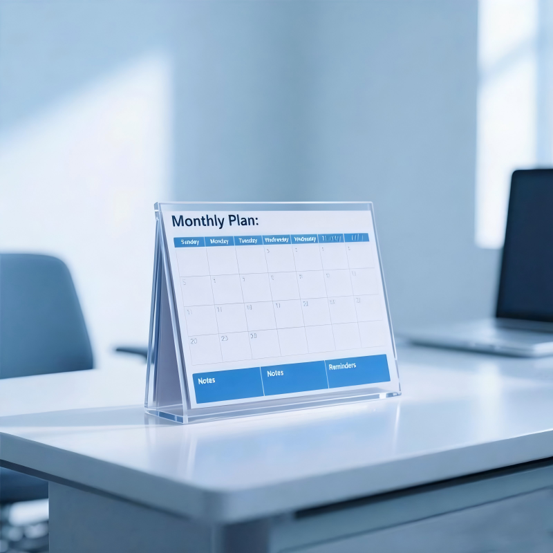 jimeng 2026 01 22 9187 根据这个风格，其他尽量不变，办公室简洁场景，把中间的台历，做成亚克力支架可翻折的...